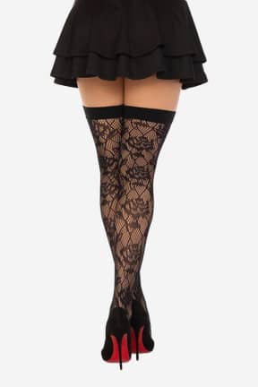 Sexiga Underkläder Wild Rose Net Thigh Highs Black - Stayups med blommig spets