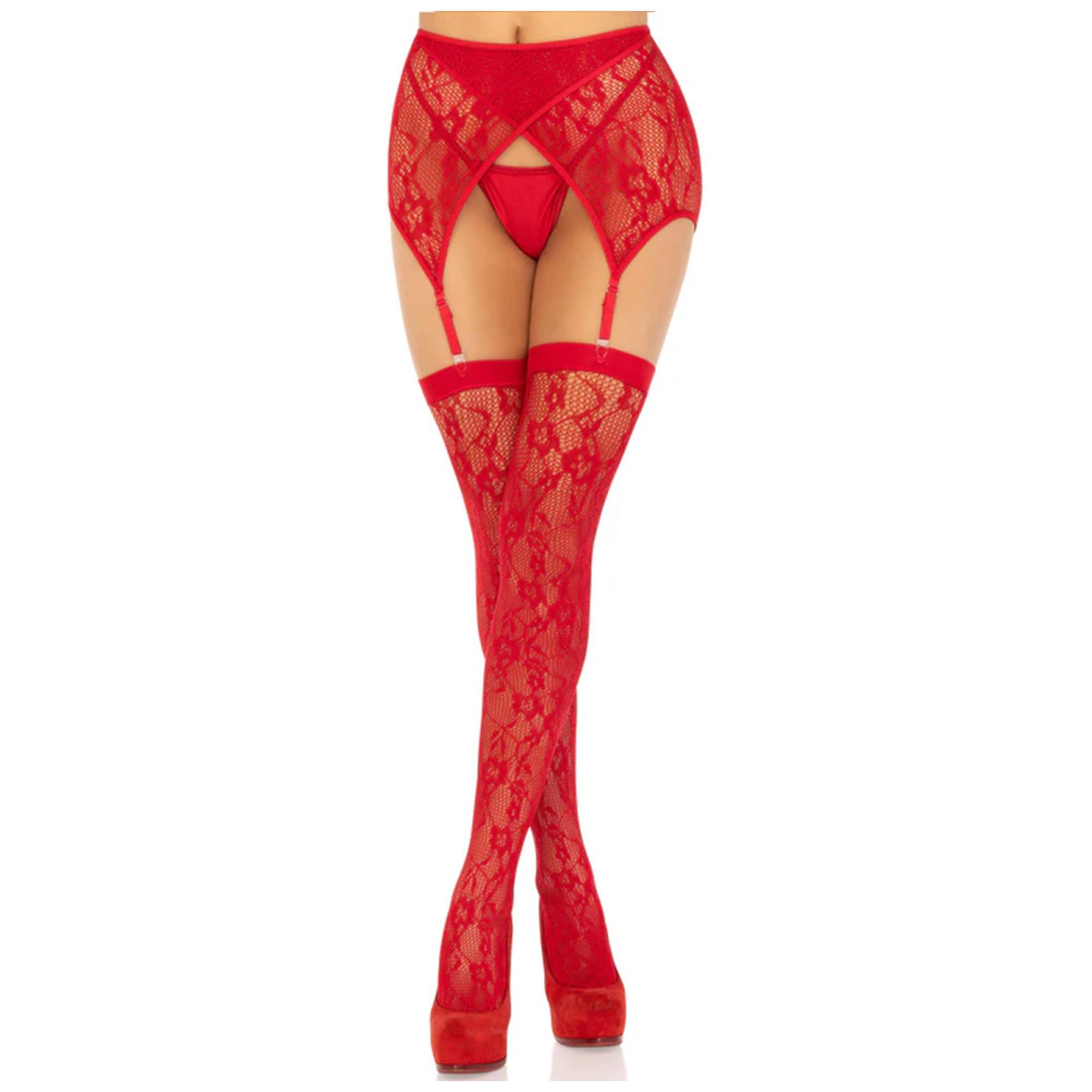 Lace Thigh Tighs And Garterbelt Red | Sexiga strumpbyxor | Intimast